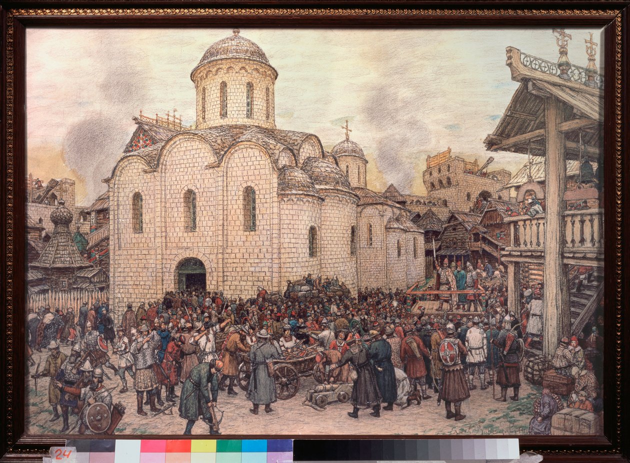 Invasjonen av Moskva av Khan Tokhtamych (Toqtamych) (død i 1406), i 1382 (Capture of the City by Golden Horde) - Verk av Appolinari Mikhaylovich Vasnetsov (1856-1933), akvarell og kull på papir av Apollinari Mikhailovich Vasnetsov