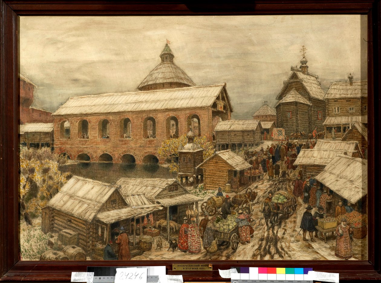 Gå i Okhotny Riad-distriktet i Moskva på 1200-1500-tallet - Verk av Appolinari Mikhaylovich Vasnetsov (1856-1933) av Apollinari Mikhailovich Vasnetsov