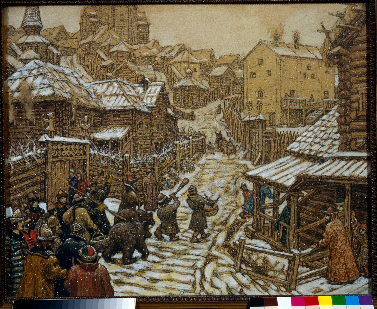 Musikere og bjørnetrenere i en gate i Moskva på 1600-tallet - Verk av Appolinari Mikhaylovich Vasnetsov (1856-1933) av Apollinari Mikhailovich Vasnetsov