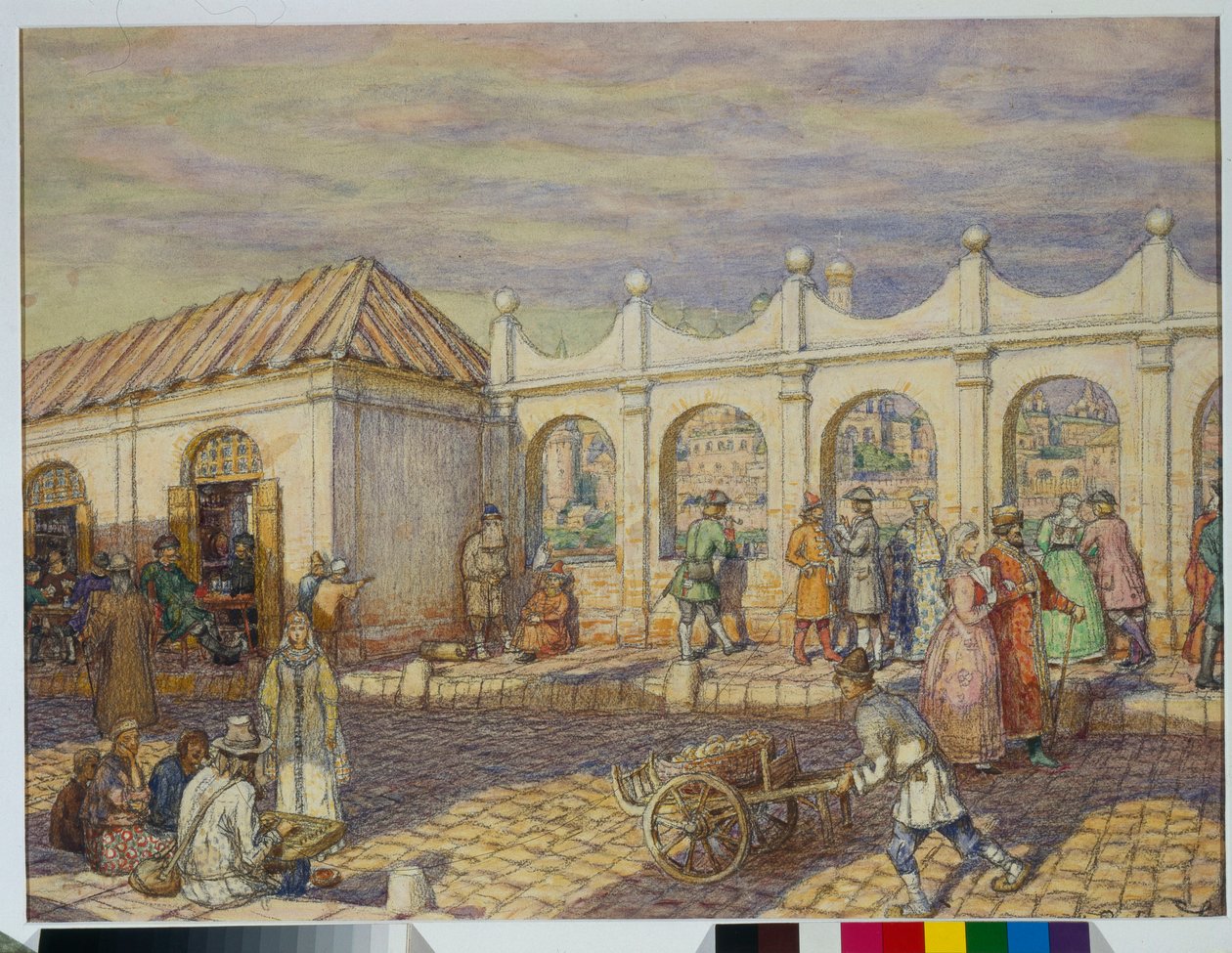 Gatebilde på Steinbroen (Allehelgensbro) i Moskva på Peter I den stores tid (1672-1725) - Kunstverk av Appolinari Mikhaylovich Vasnetsov (1856-1933) av Apollinari Mikhailovich Vasnetsov