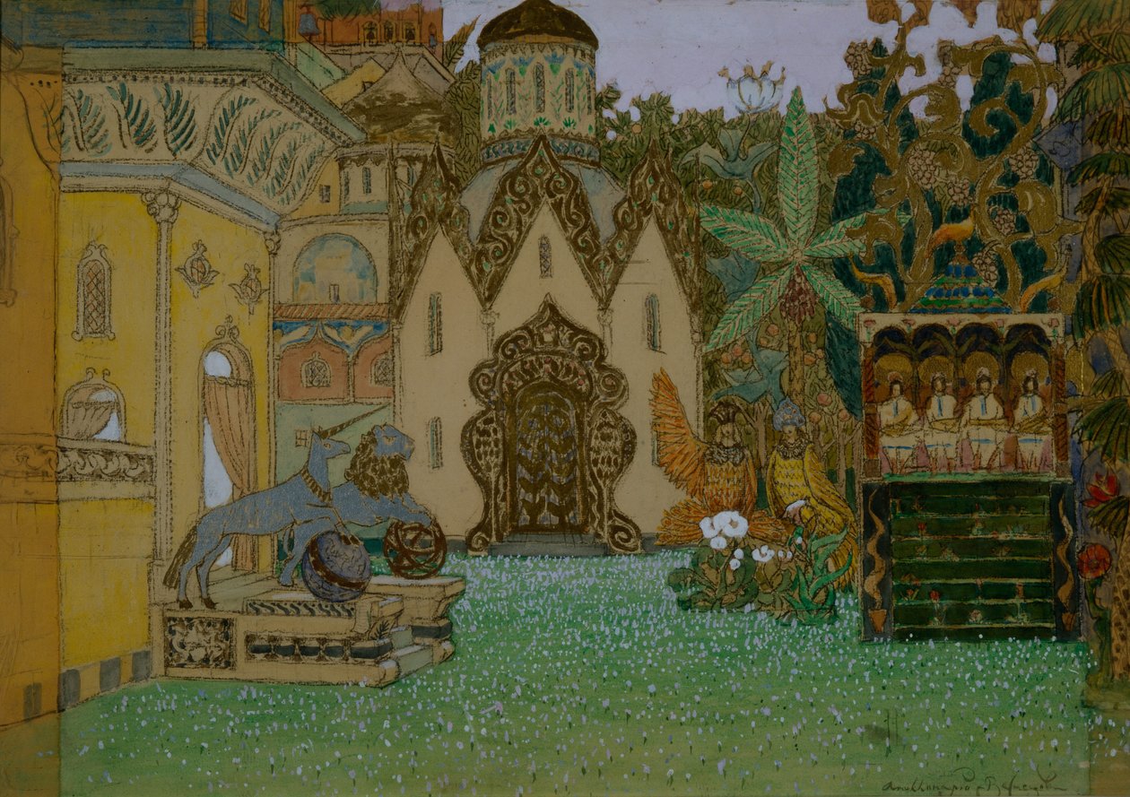 Scenedesign for operaen The Legend of the Invisible City of Kitezh and the Maiden Fevronia av N. Rimsky-Korsakov, 1907 av Apollinari Mikhailovich Vasnetsov