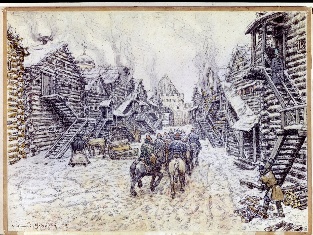 Gamle Moskva. Tradisjonell trearkitektur under snøen. Verk av Appolinari Mikhaylovich Vasnetsov (1856-1933), akvarell og kritt på papir av Apollinari Mikhailovich Vasnetsov