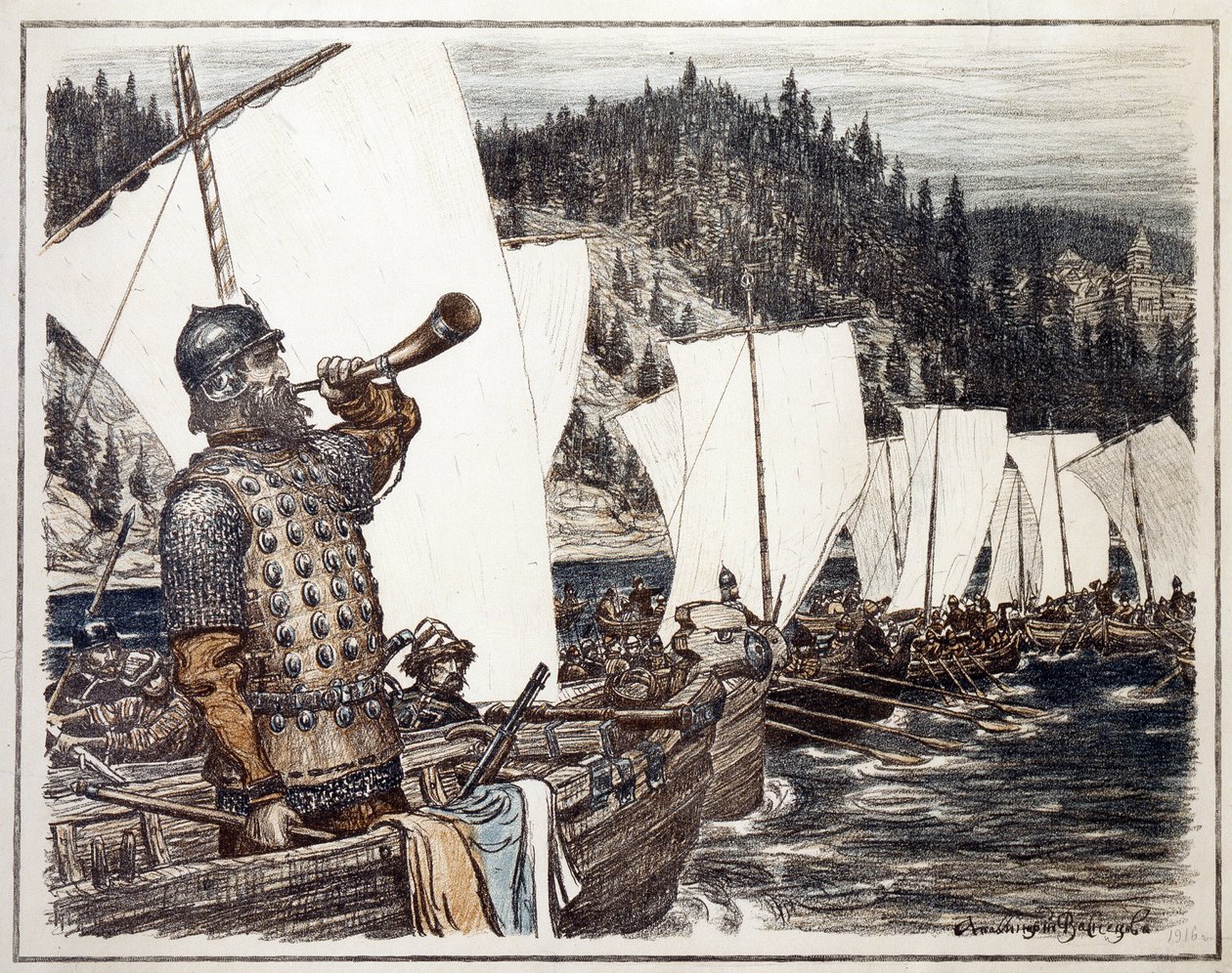 Yermak Timofeyevich (cirka 1540-1585) ved Irtysh-elven. (Yermak Timopheyevich på Irtysh). Episode av utforskningen og erobringen av Sibir, i 1583. Verk av Appolinari Mikhaylovich Vasnetsov (1856-1933), litografi 1916. Russisk kunst, 20. av Apollinari Mikhailovich Vasnetsov