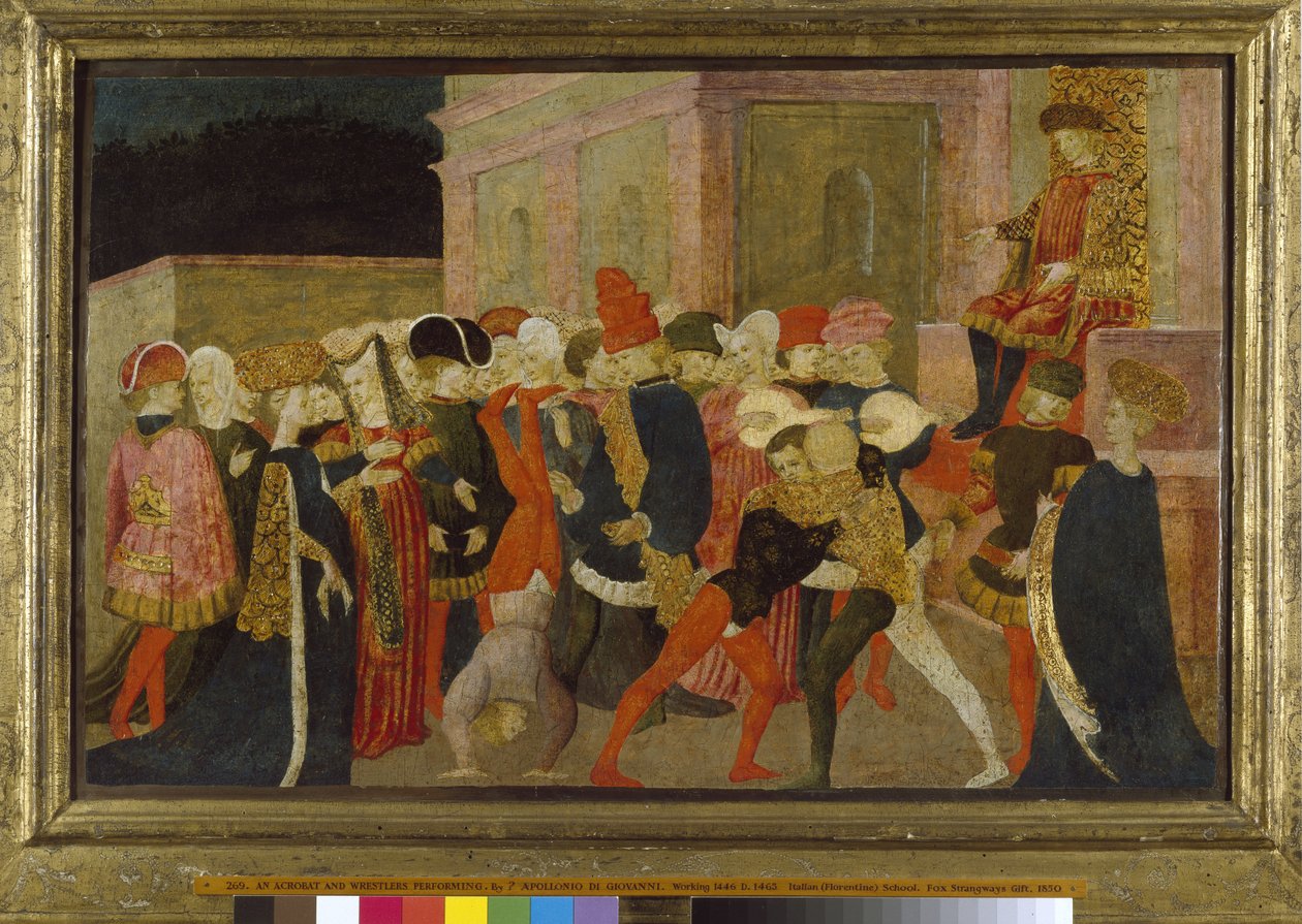 An Acrobat and Wrestlers Performing, 1400-tallet (tempera på panel) av Apollonio di Giovanni di Tommaso