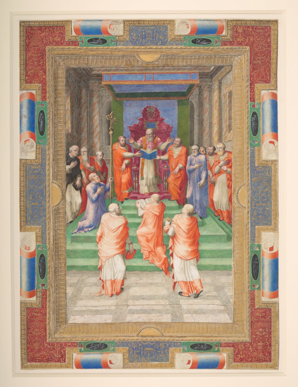 En pavelig seremoni, Paul IV står foran den pavelige trone, Add. MS 35254 Q, ca. 1555-59 (vellum) av Apollonio di Bonfratelli