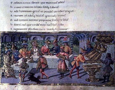 Ms 492 f.75 Bankettscene, fra Aeneiden (vellum) av Apollonio di Giovanni di Tommaso