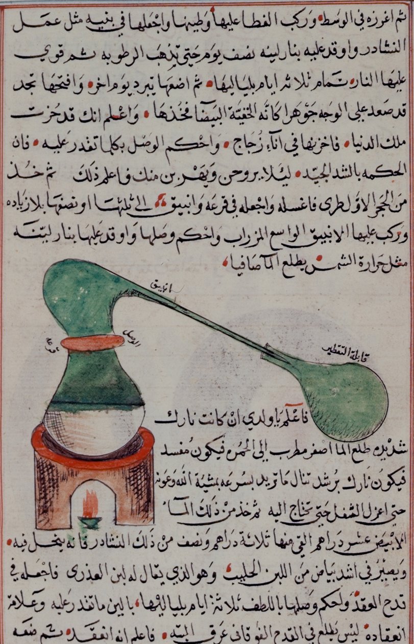 Legg til 25724 fol.36 Destillasjonsprosessen, fra 'Five Arabic Treatises on Alchemy' (vellum) av Arabic School