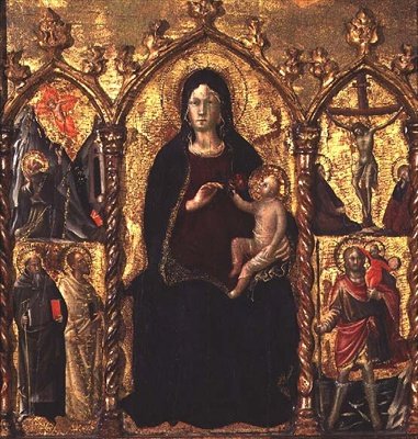 Triptych: Madonna and Child (sentralt panel) med hellige og en scene av korsfestelsen (tempera på panel) av Arcangelo di Cola da Camerino
