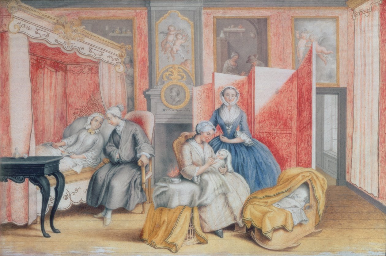 Joseph II (1741-90) ved sengen til sin kone Isabella av Parma etter fødselen av deres datter Maria Theresa (1762-1770), 1762 (gouache) av Archduchess of Austria Maria Christine