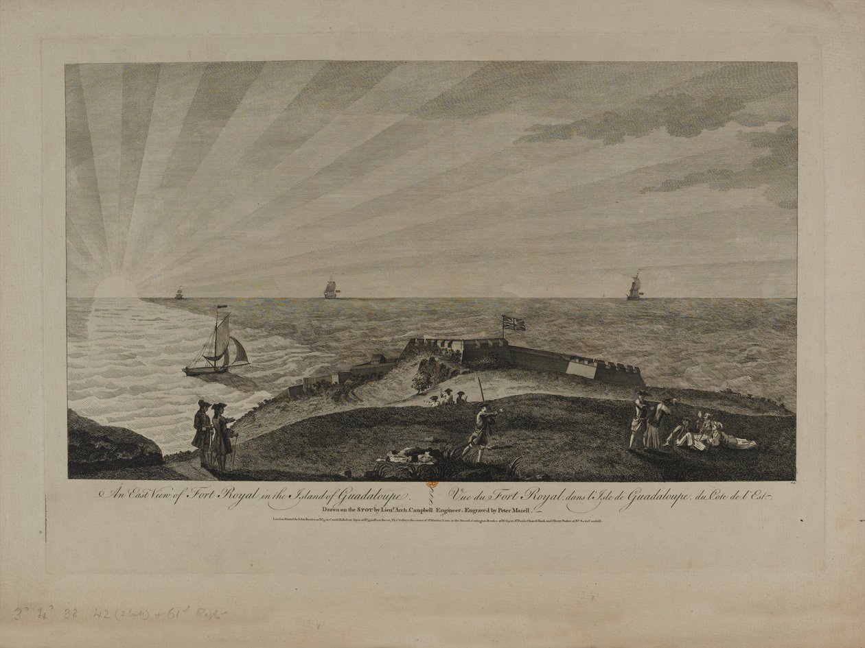 Østutsikt over Fort Royal på øya Guadeloupe, gravert av Peter Mazell (fl.1761-97) publisert ca. 1759 av Archibald Campbell