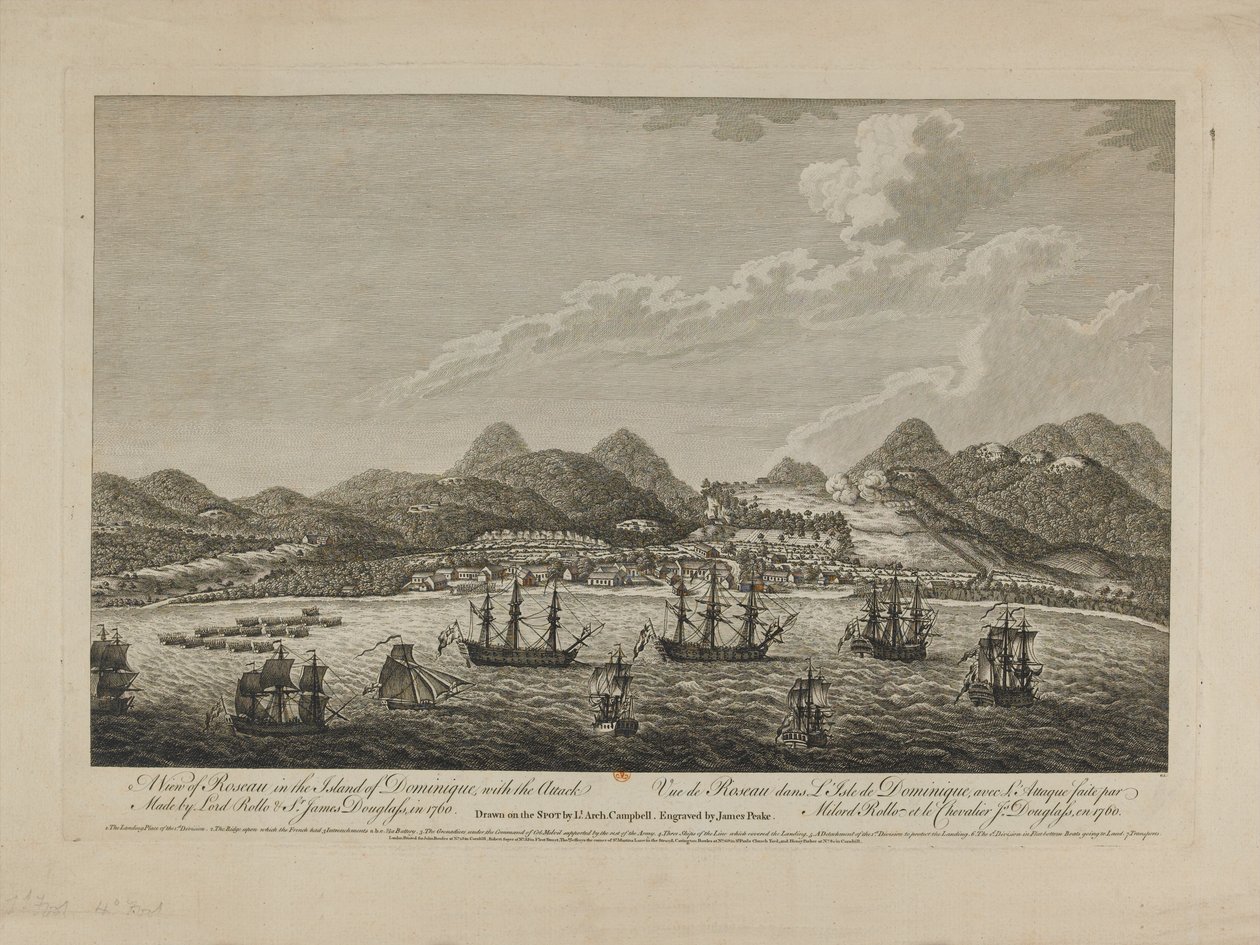 Utsikt over Roseau på øya Dominique, med 1760-angrepet gjort av Lord Rollo (1703-65) og Sir James Douglas (1703-87) 1760, gravert av Benazech, publisert 1761 (se også 261028) av Archibald Campbell