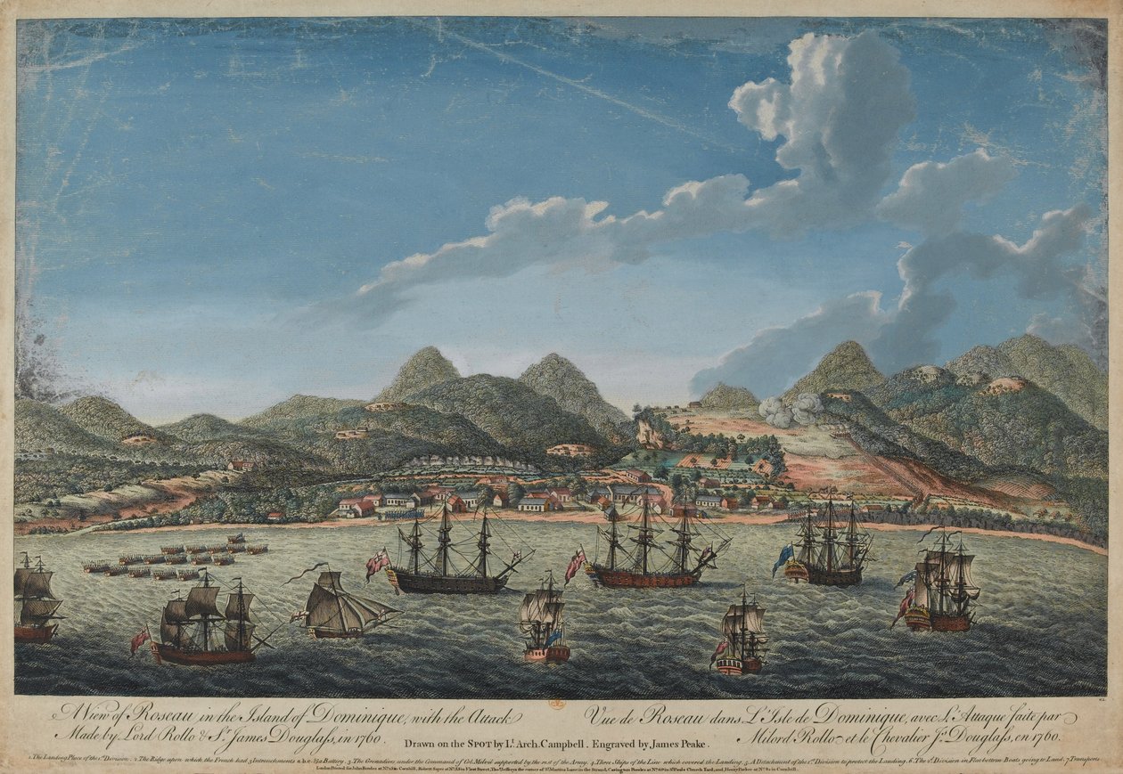 Utsikt over Roseau på øya Dominique, med 1760-angrepet gjort av Lord Rollo (1703-65) og Sir James Douglas (1703-87) gravert av Benazech, publisert i 1761 av Archibald Campbell