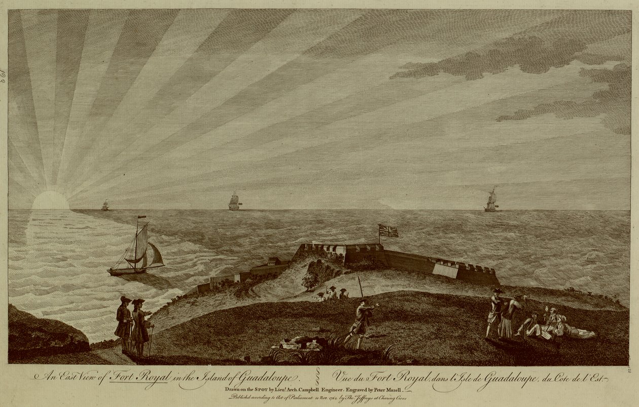 En gruppe soldater hviler på toppen av en ås i forgrunnen, med Fort Royal bortenfor, seilskuter og solen som går ned i havet i bakgrunnen av Archibald (after) Campbell