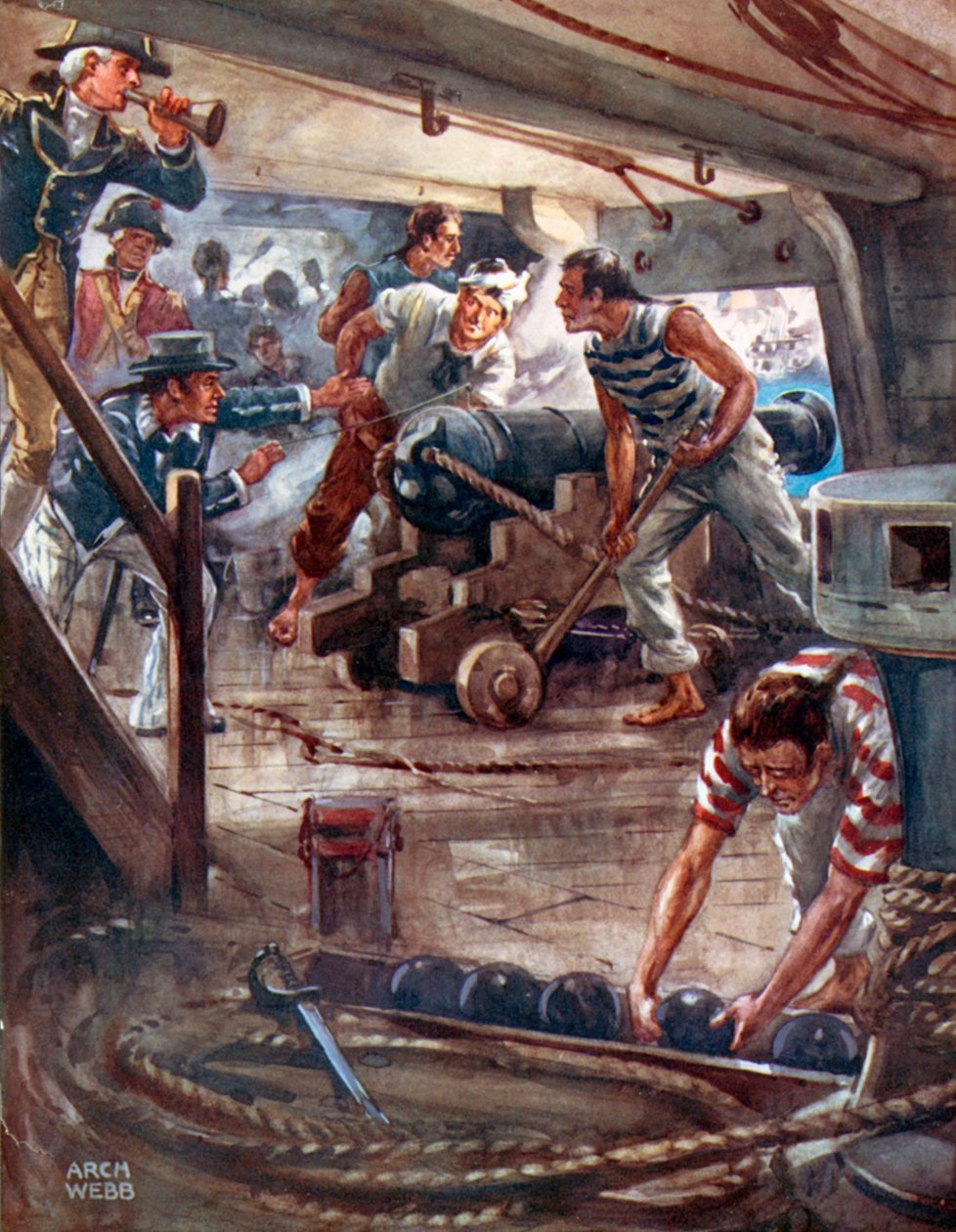 quot;Hver kanon fra sine adamantine lepper sprer en dødsskygge rundt skipenequot; (fargelitografi) av Archibald Bertram (after) Webb