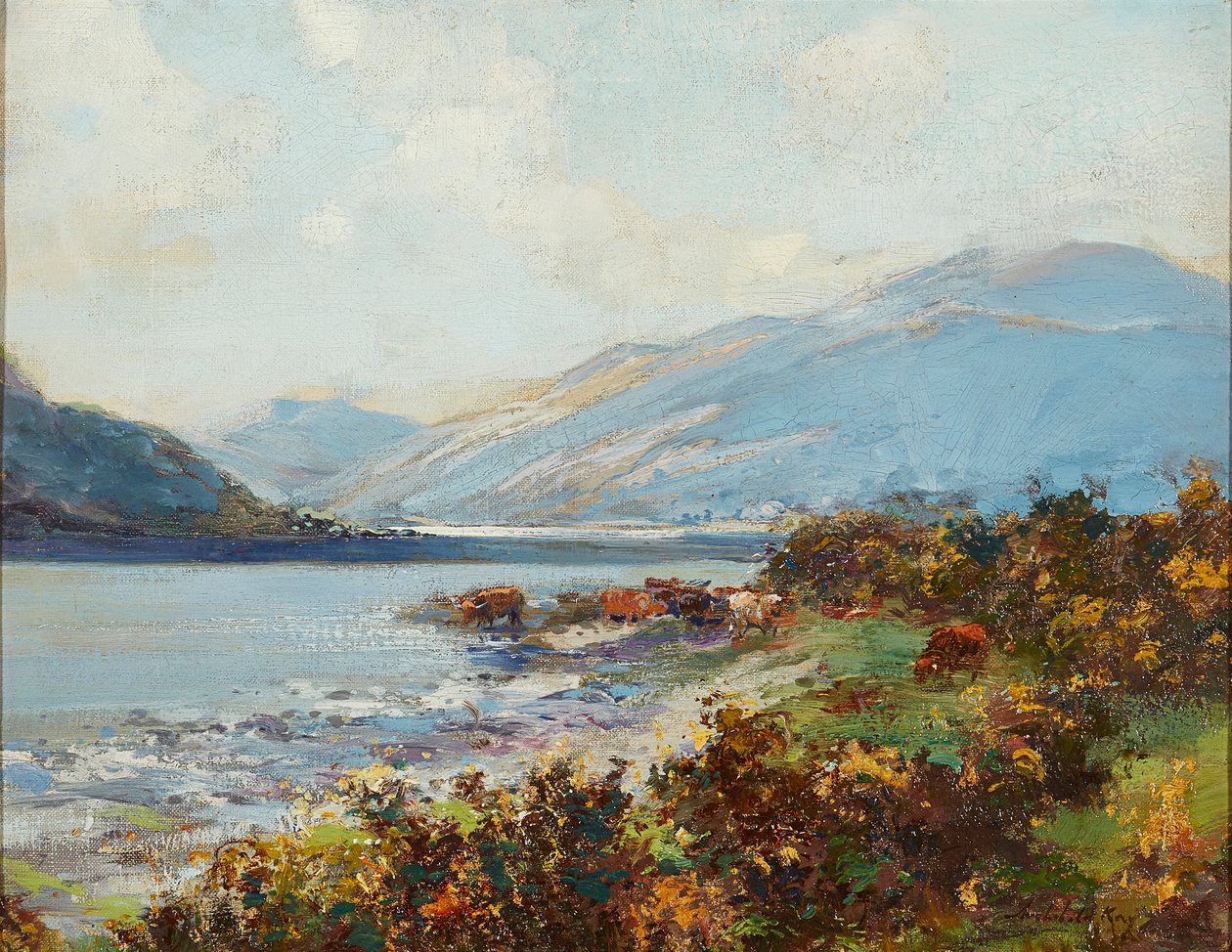 Høylandsscene med storfevanning (olje på lerret) av Archibald Kay