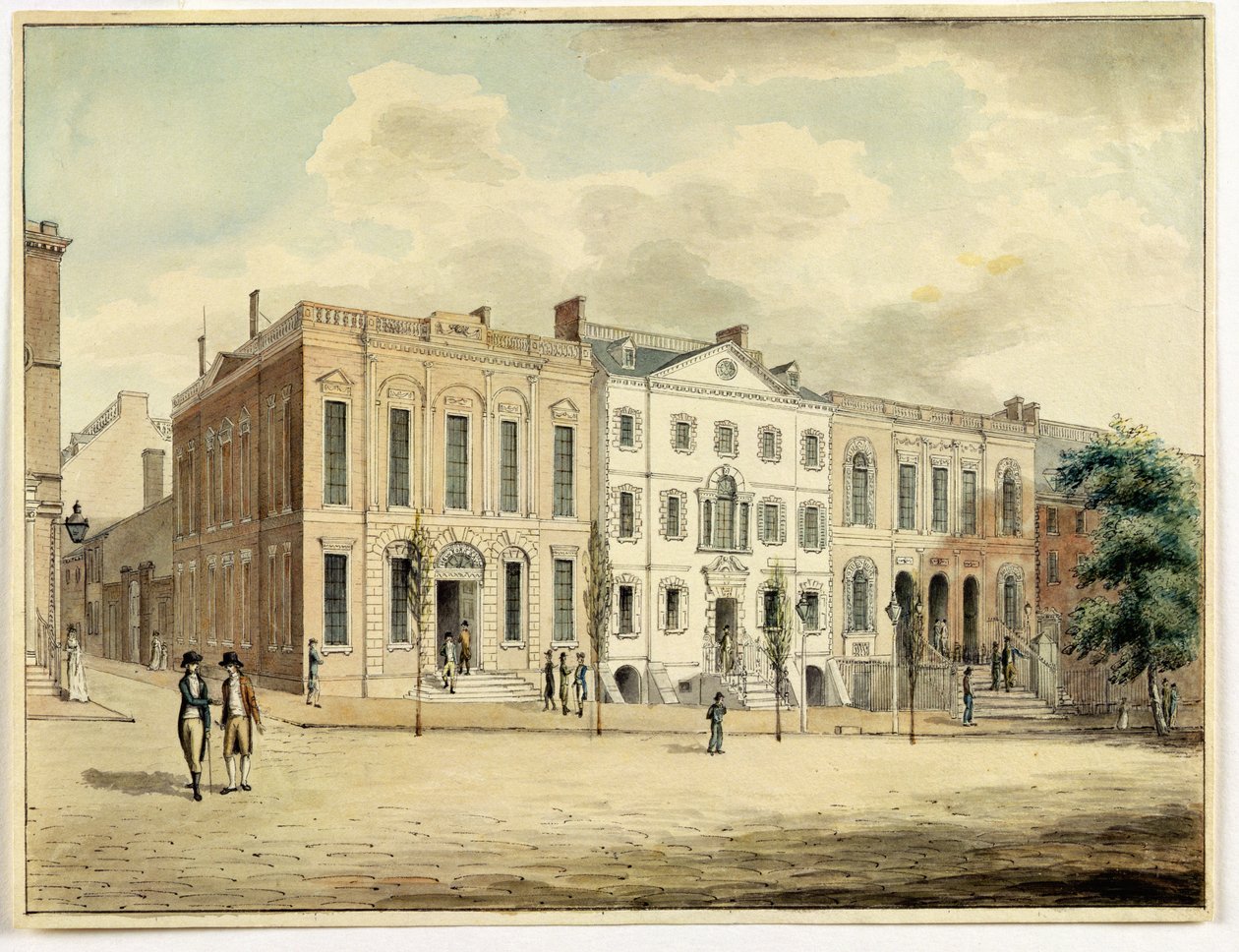 Nordøstlige hjørne av Wall and William Streets, New York City, 1798 (wc og blekk på papir) av Archibald Robertson