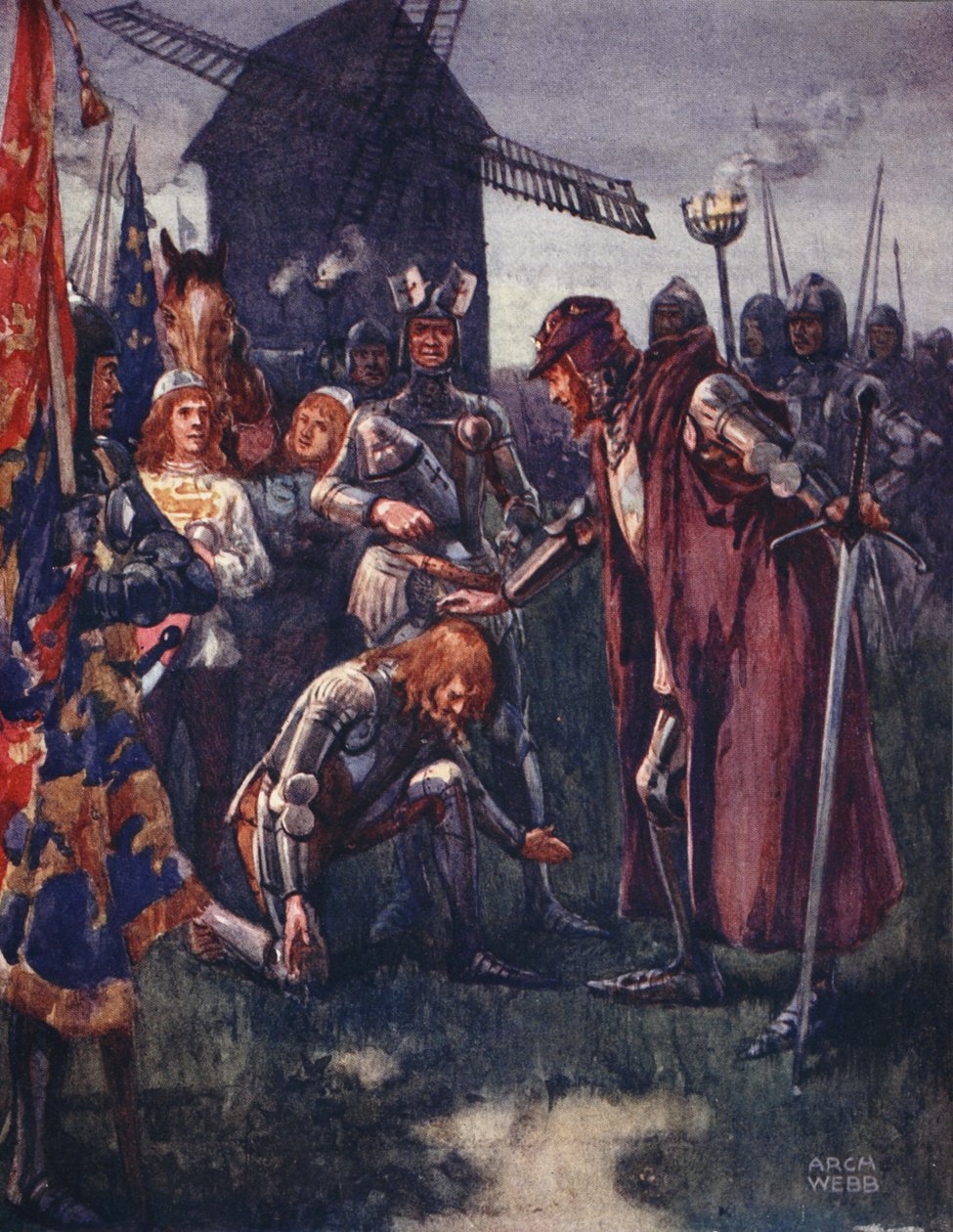 Prinsen for sin Far kneler ydmykt: Hans er kampen - hans helt! fra Ballads of Famous Fights, første utgave, 1920 av Archibald Webb