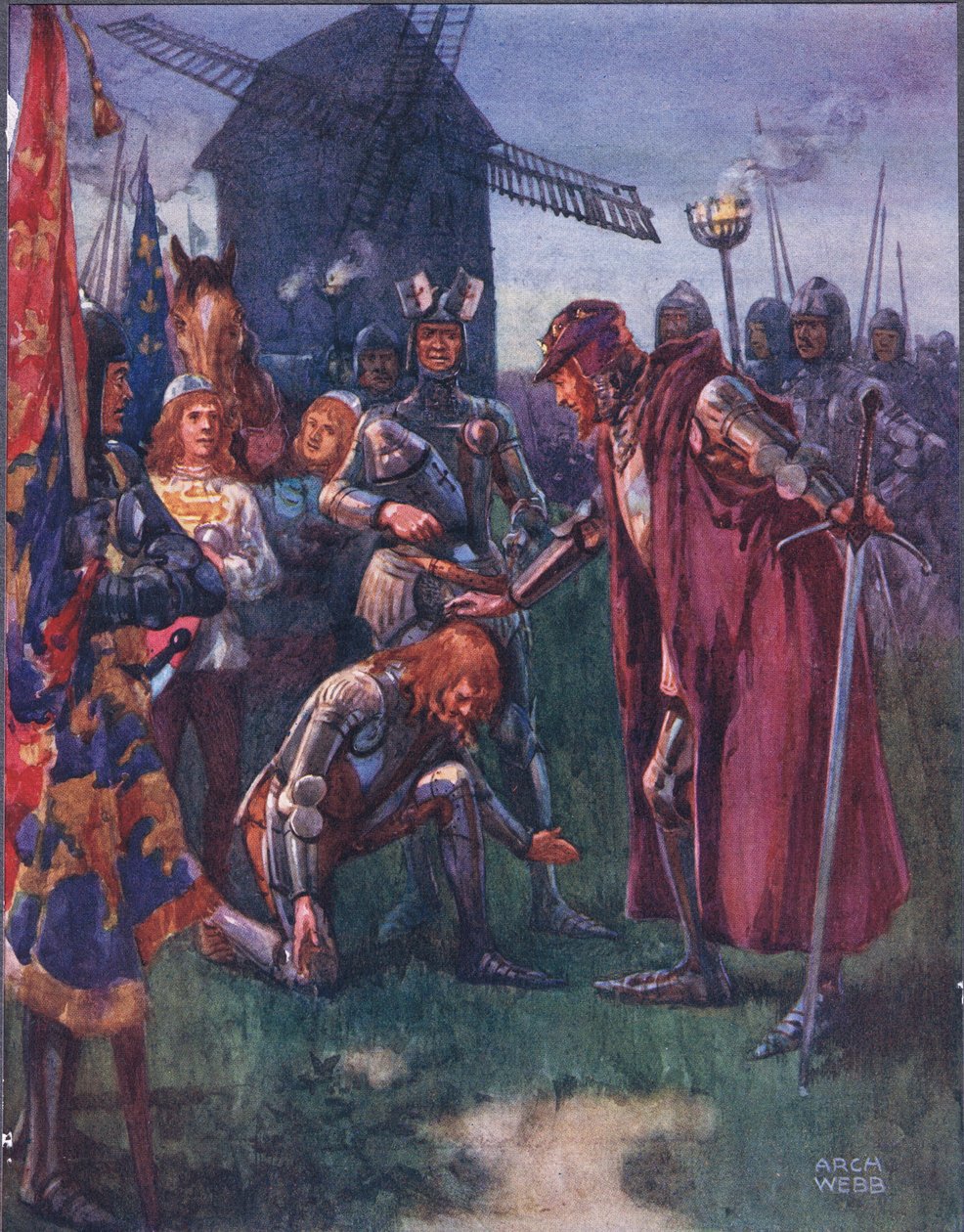 Prinsen for sin Far kneler ydmykt: Hans er kampen - hans helt! illustrasjon fra Ballads of Famous Fights, ca. 1900 av Archibald Webb
