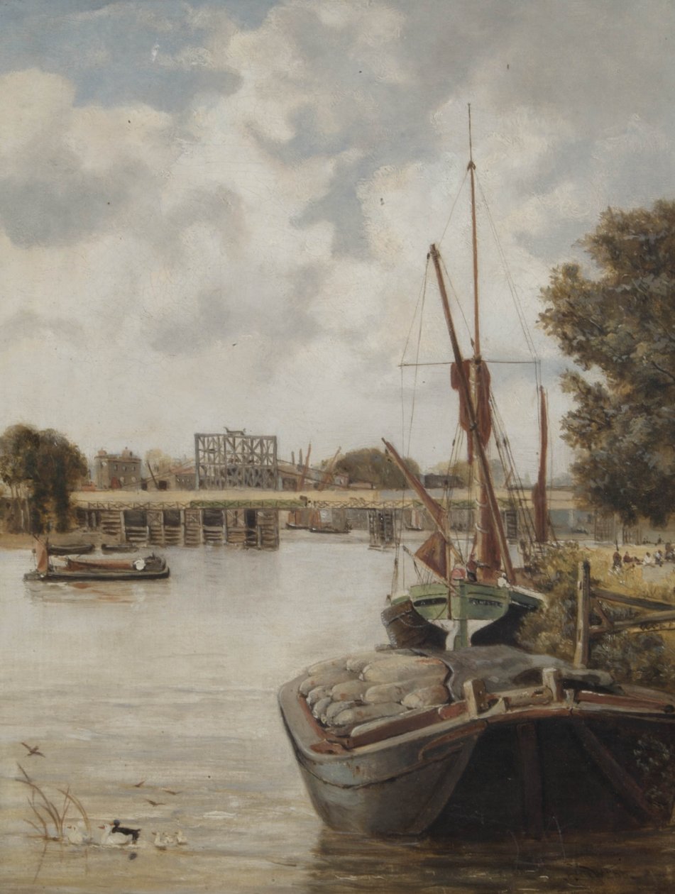 Den nåværende Hammersmith Bridge under bygging som viser den midlertidige broen, 1886 av Archibald Webb