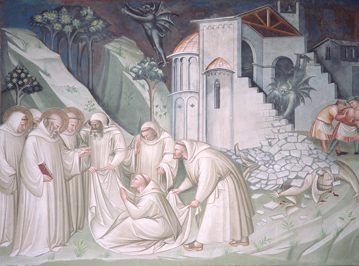 Stiftelsen av Montecassino og Miracle of Raising of the Monk, Sagrestia av Aretino Luca Spinello or Spinelli