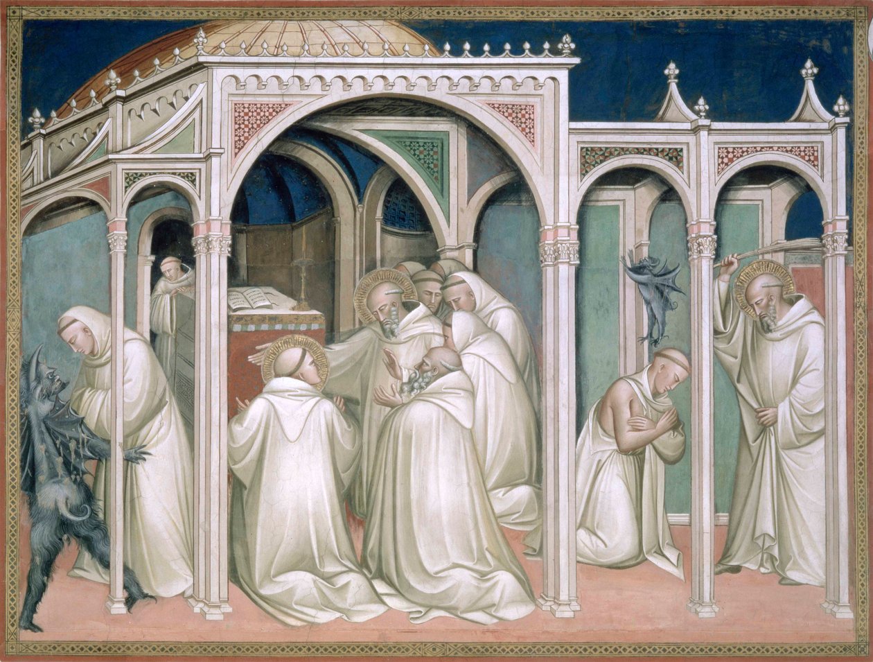 The Saint Frees a Monk Possessed, detalj fra Life of Saint Benedict (ca.480-c.550), i sakristiet, 1387 av Aretino Luca Spinello or Spinelli