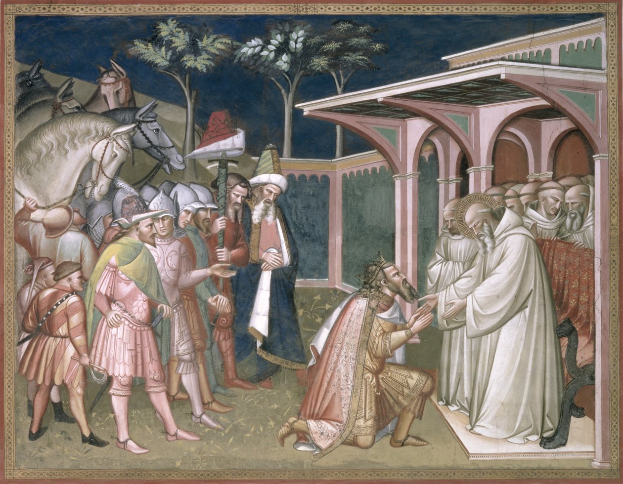 Den hellige profeterer til Totila-kongen av goterne, detalj fra Saint Benedicts liv (ca. 480-c550), i sakristiet, 1387 av Aretino Luca Spinello or Spinelli