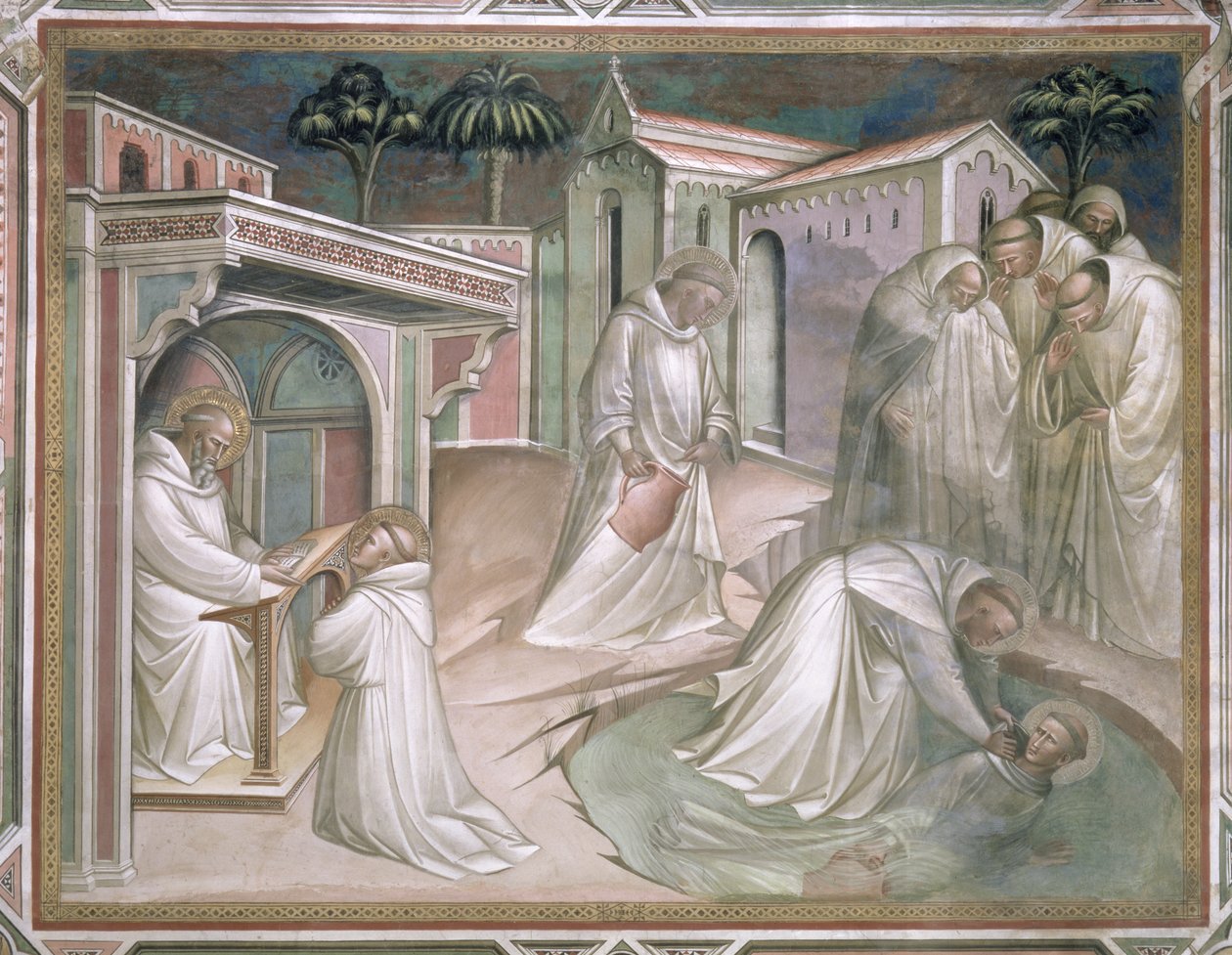 Maurus Saves Placidus, detaljer om Saint Benedicts liv (ca. 480-c. 550), i sakristiet, 1387 av Aretino Luca Spinello or Spinelli