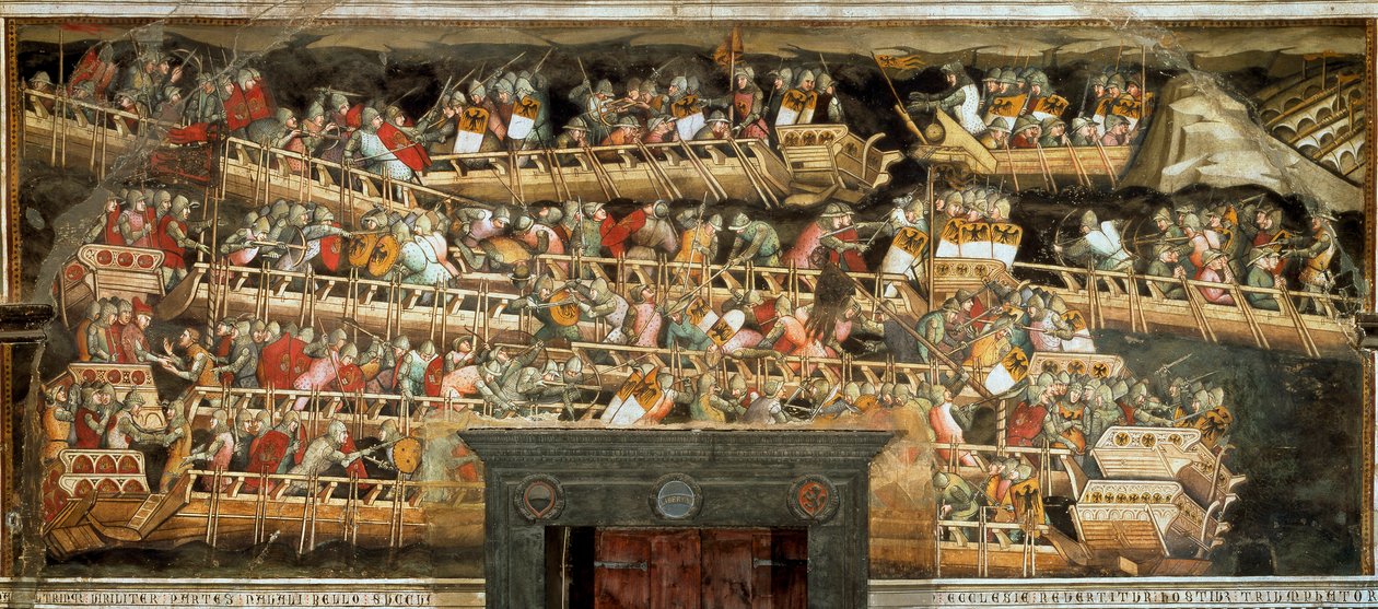 Sjøslag i Punta Salvatore, motsette hæren til Frederic Barberossa til venetianerne (Fresco av Aretino Luca Spinello or Spinelli