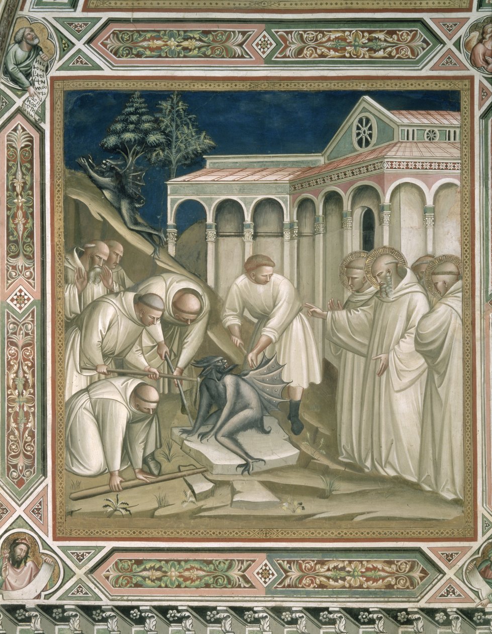 The Heavy Stone, detalj fra St. Benedikts liv (ca. 480-c. 550), i sakristiet, 1387 av Aretino Luca Spinello or Spinelli