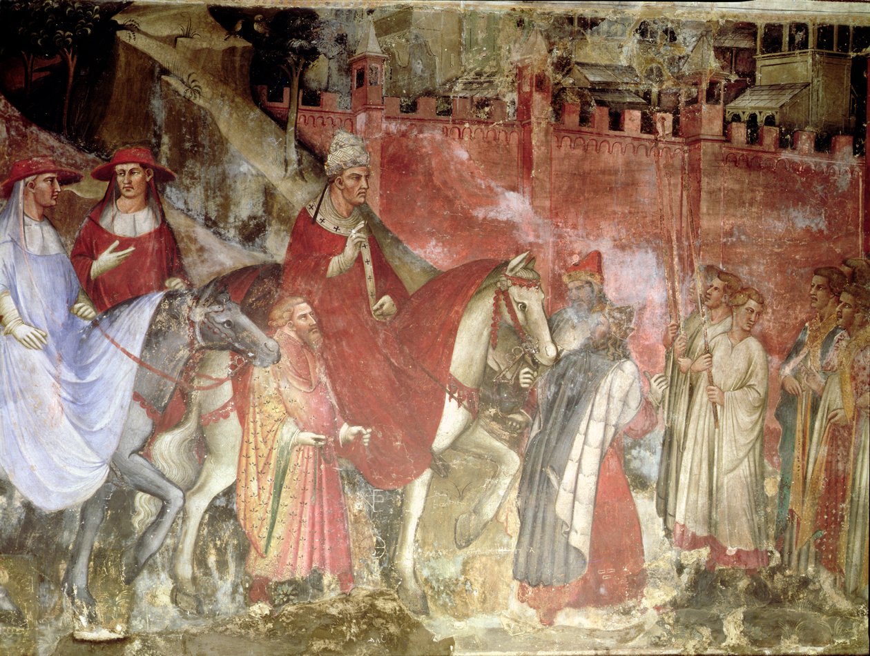 Historien om pave Alexander III (1105-81): Pavens og keiser Frederick Barbarossas (ca. 1123-90) inntog i Roma, 1407 (detaljer) av Aretino Luca Spinello or Spinelli