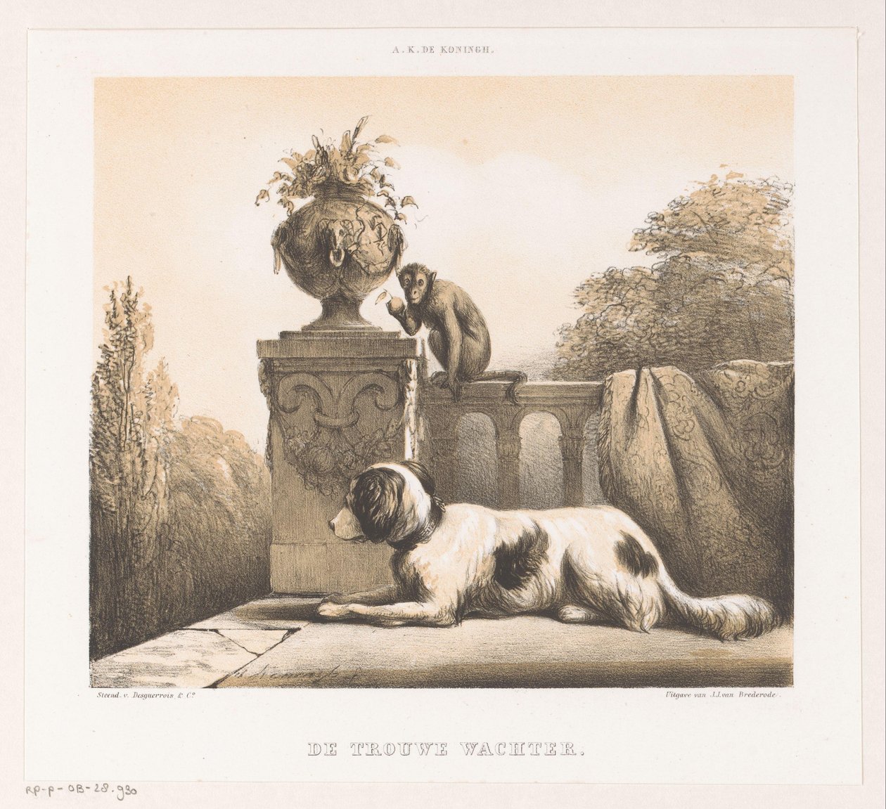 Hund og ape på terrassen The Faithful Watchman (tittel på objekt) av Arie Ketting de Koningh