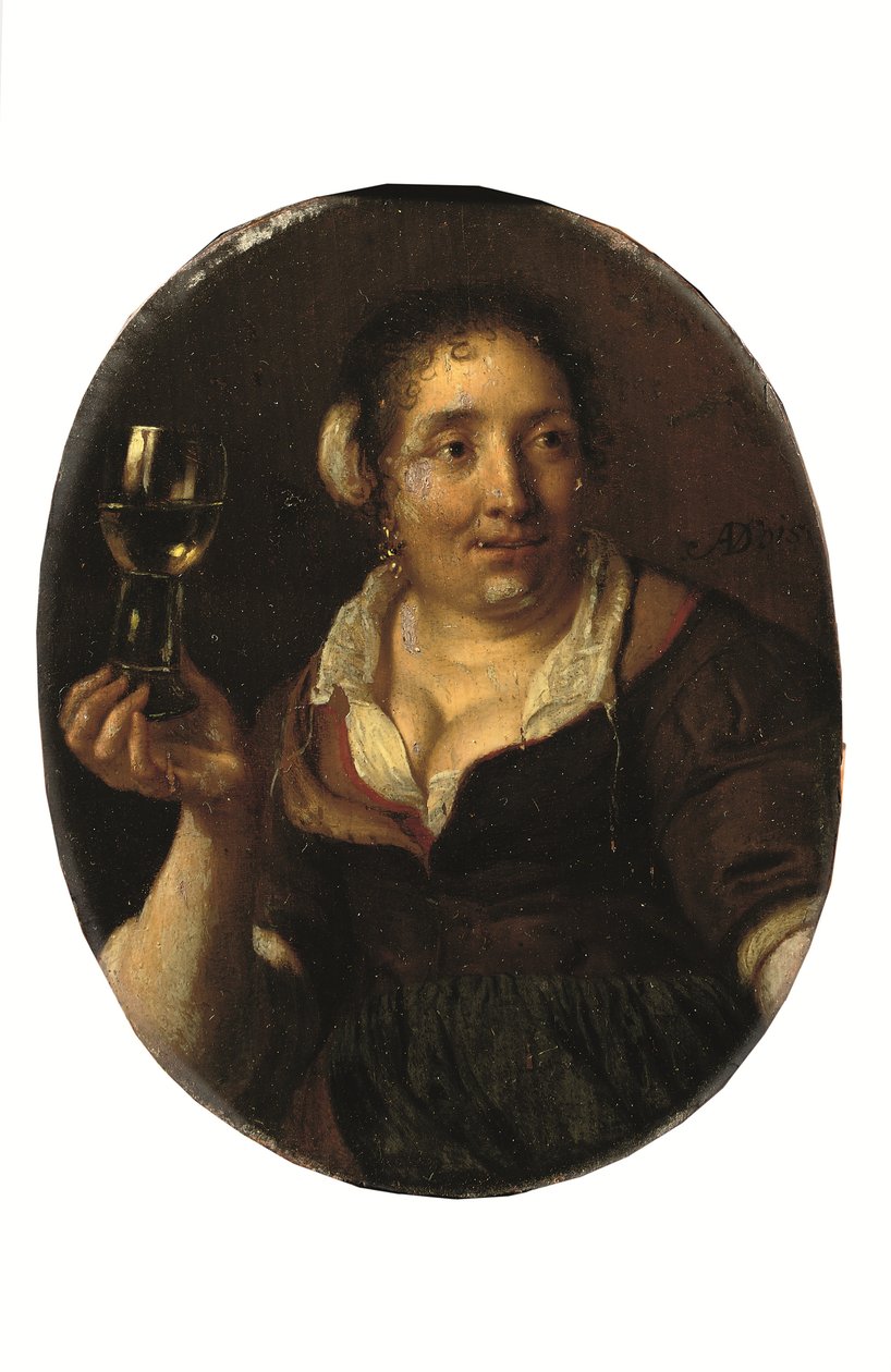 En bondekvinne holder et glass vin (olje på panel) av Arie de Vois