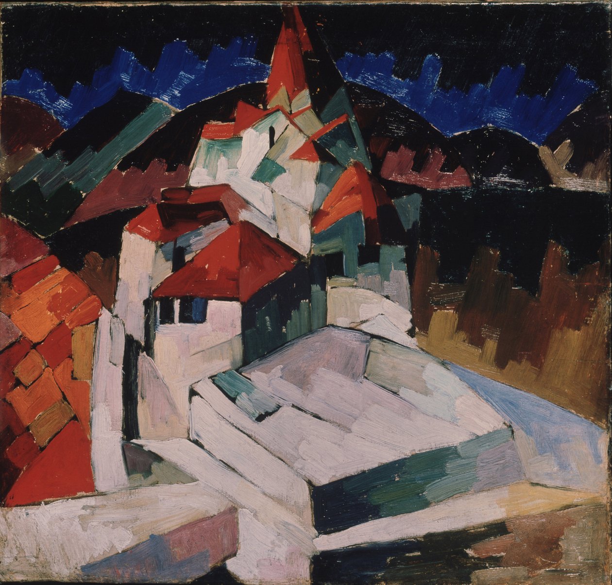 Kirke i Kislovodsk (Nord-Kaukasus, Russland) (Kirke i Kislovodsk). Kubistisk beskrivelse av den religiøse bygningen i et landskap. Maleri av Aristarkh Vasiliyevich Lentulov (Lentulov) (1882-1943), olje på lerret av Aristarkh Vasilievic Lentulov