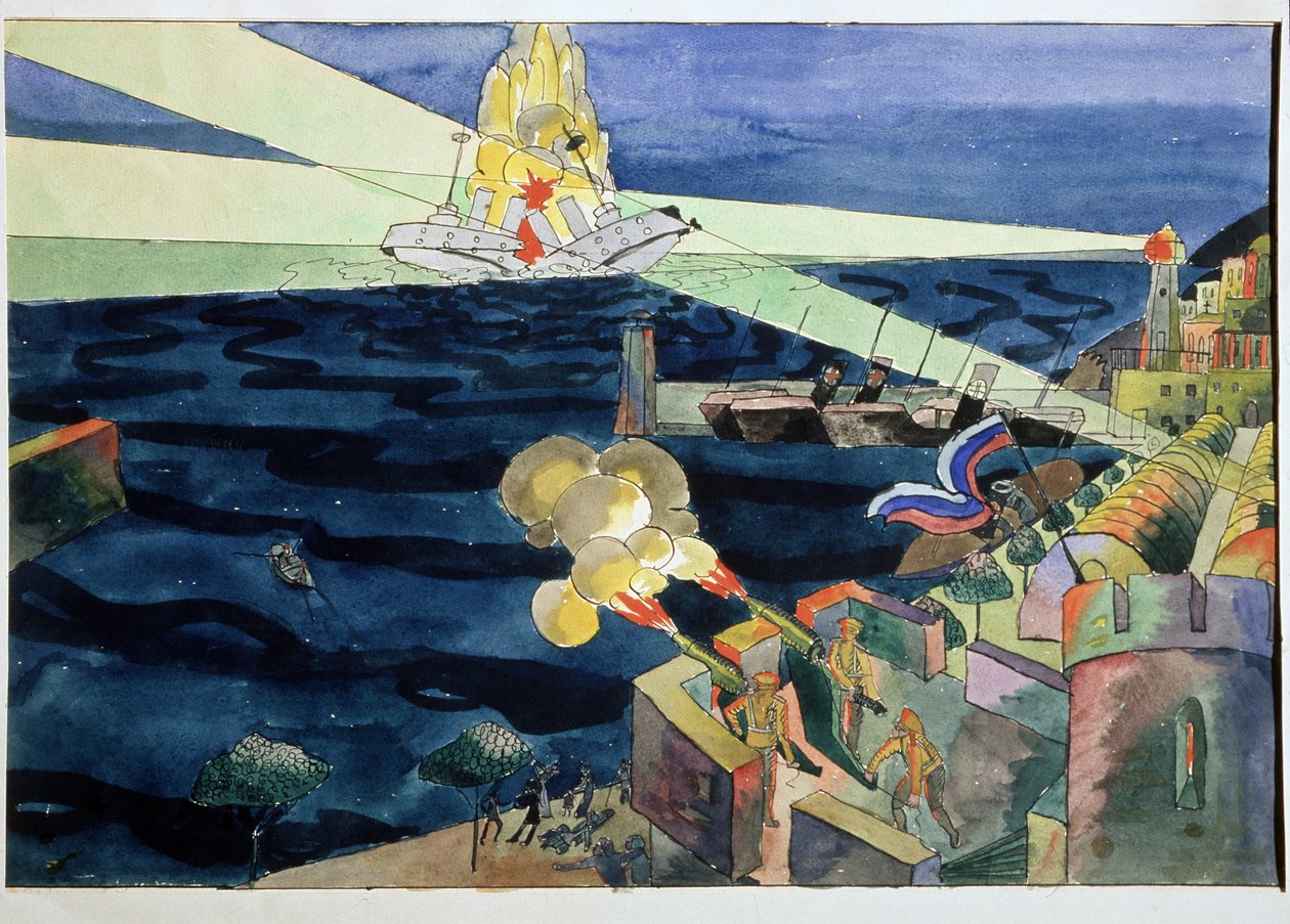 Et sjøslag. For å forsvare den befestede kysten skyter kanoner mot et slagskip som bryter fra hverandre under eksplosjoner. Arbeid av Aristarkh Vasilyevich Lentulov (Lentulov) (1882-1943), akvarell på papir av Aristarkh Vasilievic Lentulov