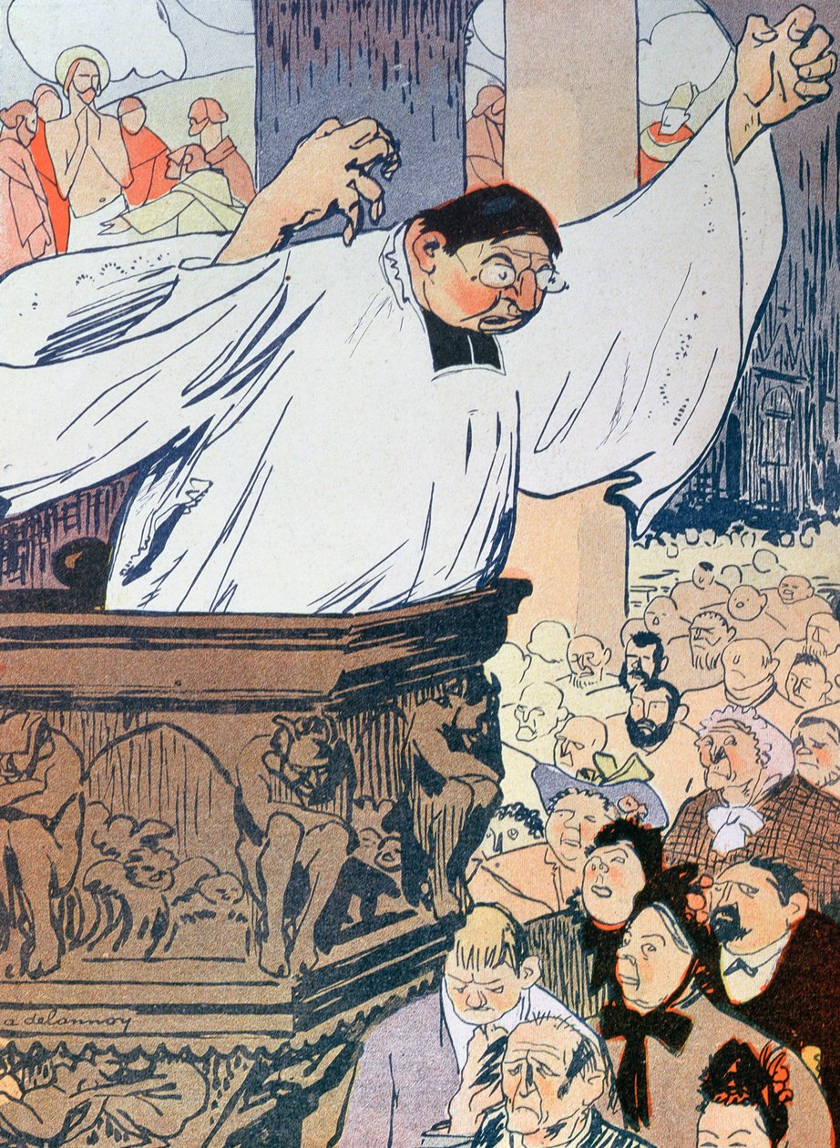 Tegneserie med tittelen 'Les Grands Moyens', fra 'L'Assiette au Beurre', 1906 av Aristide Delannoy