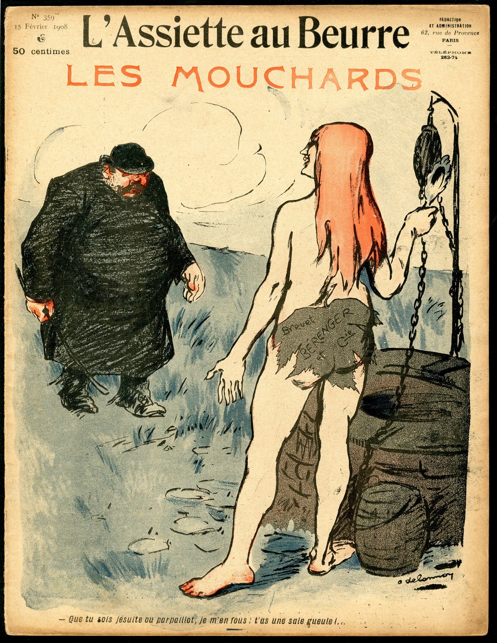 Omslag av "" L'Plate au beurre"", nummer 359, satirisk i farger av Aristide Delannoy