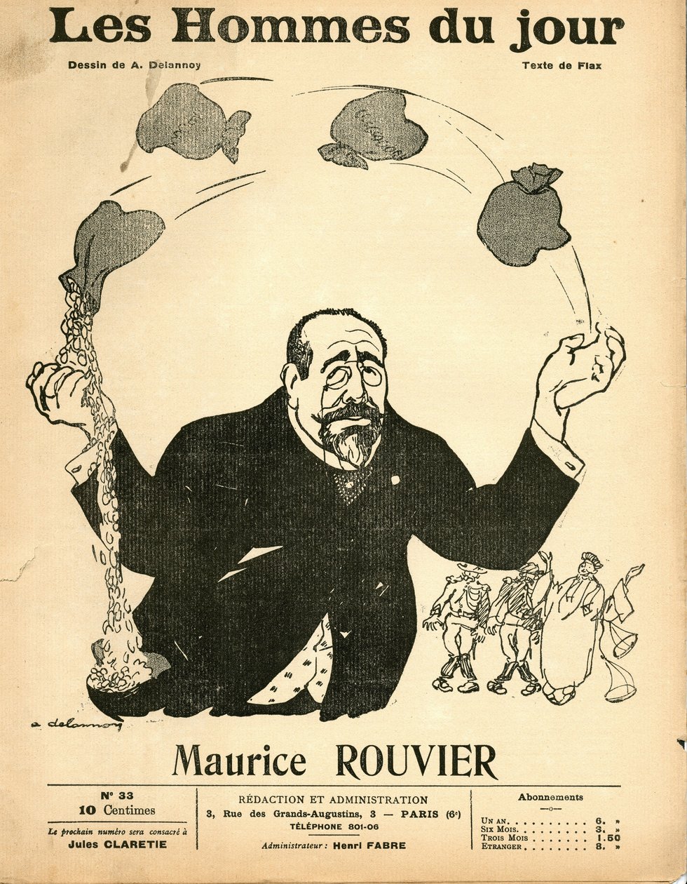 Omslag til “” Les Hommes du jour””, ca. 1906 - Illustrasjon av Aristide Delannoy (1874-1911): Sølv - Rouvier Maurice (1842-1911) - Sjonglering av Aristide Delannoy