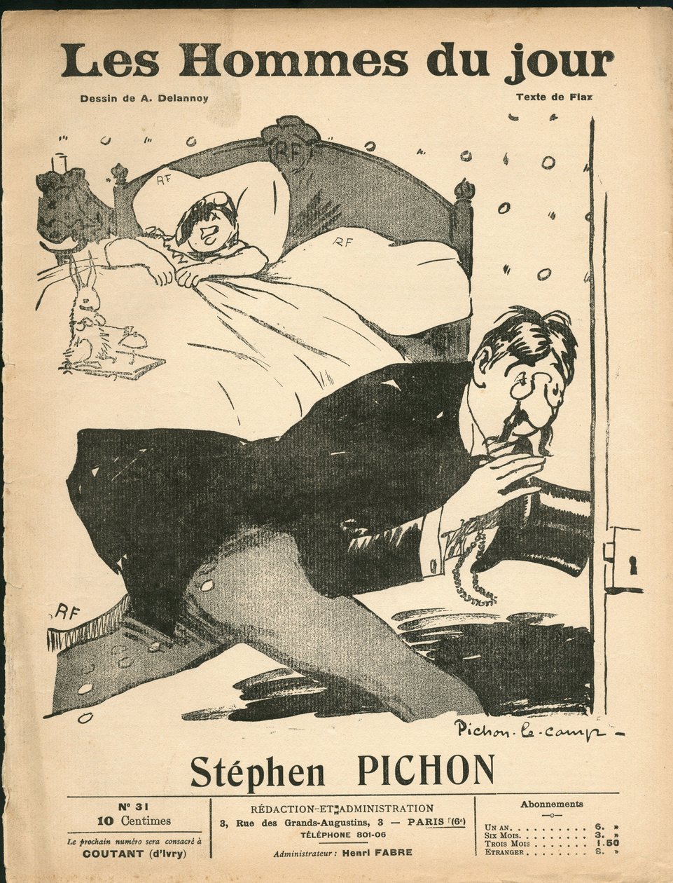 Forside av "" The Men of the Day", ca 1905 - Illustrasjon av Aristide Delannoy (1874-1911): Soverom - Marianne, Pichon Stephen (1857-1933) av Aristide Delannoy