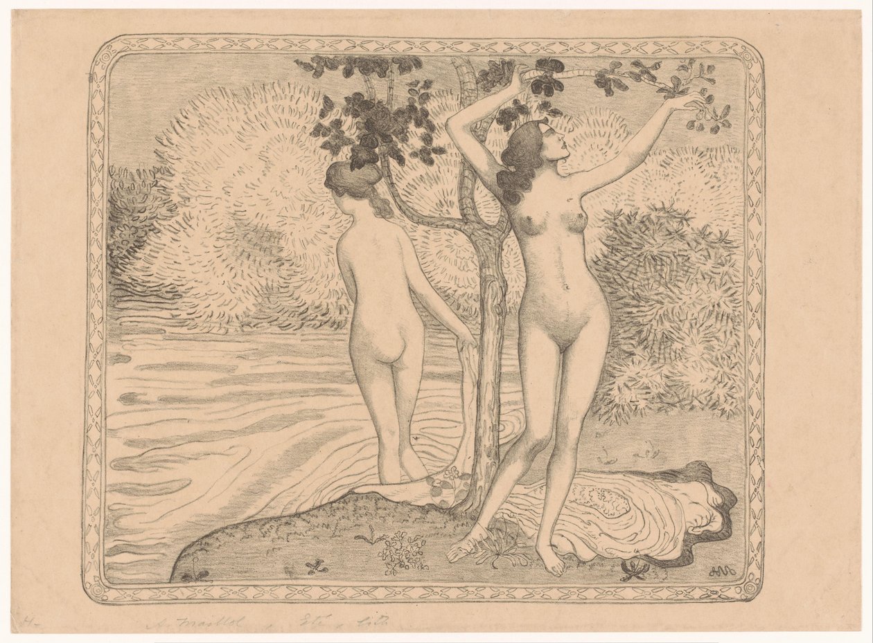 To kvinner bader under et tre ved vannkanten Deux baigneuses nues sous un arbre au bord de l