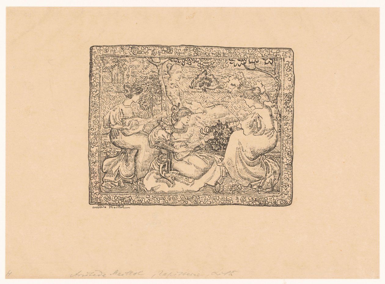 Tapet med fire musikkskapende kvinner i et landskap Concert champêtre (original tittel) av Aristide Maillol