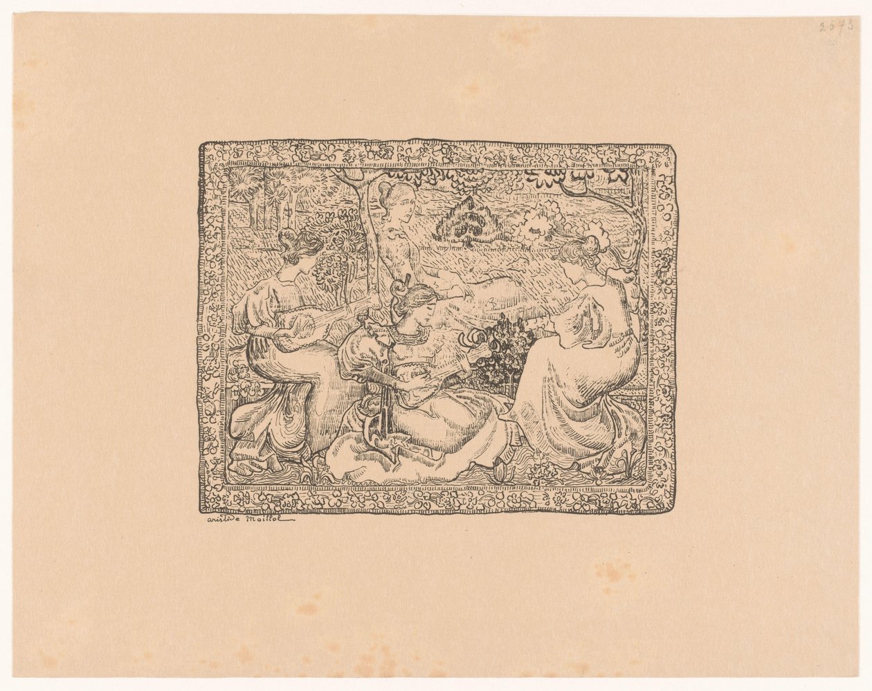 Wandtapijt met vier musicerende vrouwen in landschap Concert champêtre (original title)   1379870   no       norwegian Successfully Translated  Original: Uitwisseling van twee koninginnen LEchange des deux Reines. (title on object) La Gallerie du Palais du av Aristide Maillol