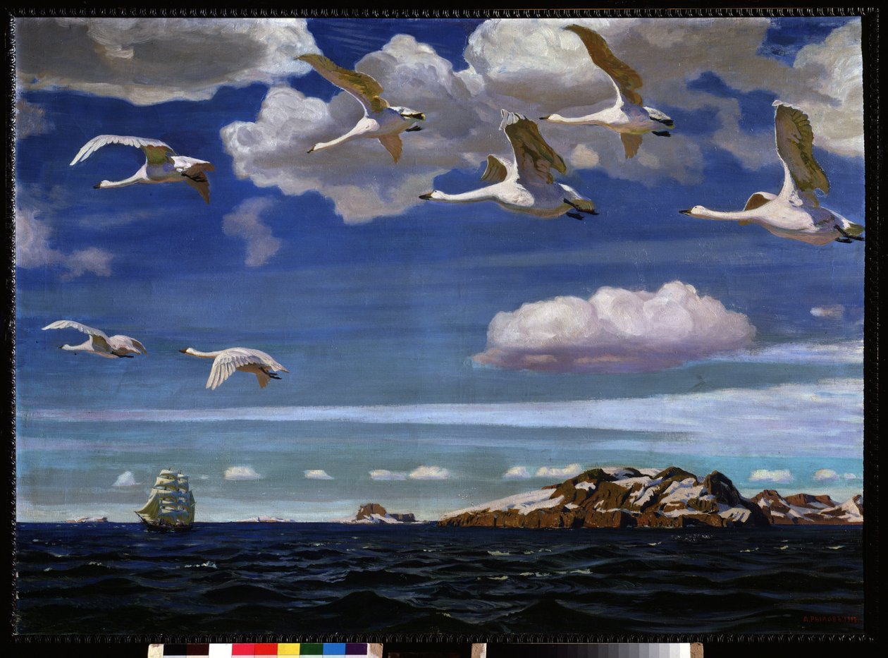Blå frihet. Migrasjon av villgjess som flyr over havet. Maleri av Arkadi (Arkady) Alexandrovich Rylov (1870-1939), olje på lerret av Arkadij Aleksandrovic Rylov