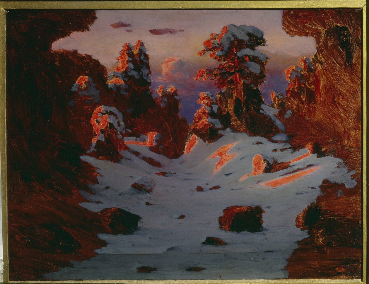 Vinterlandskap ved solnedgang (Sunset Effect). Maleri av Alexander Ivanovich Kuindzhi (Kouindji) (1842-1910). Olje på lerret. Mål: 39 x 53 cm. St. Petersburg, Statens russiske museumsmuseum av Arkhip Ivanovich Kuindzhi