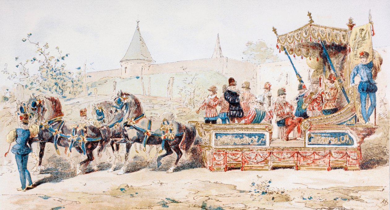 Hestetrukket dekorert vogn med profesjonelle musikere, 1500-tallet, 1886 av Armand Jean Heins