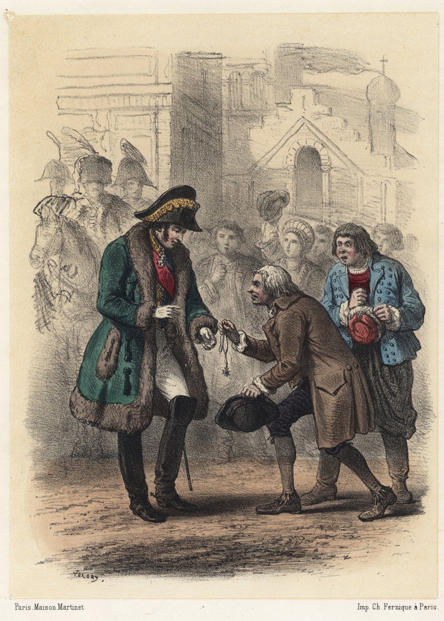 Kong Charles XIV (Jean de Suede) (John Baptiste Bernadotte) (1763-1844) blir tildelt en medalje av sin tidligere lærer - Gravering av Telory av Armand Louis Henri Telory