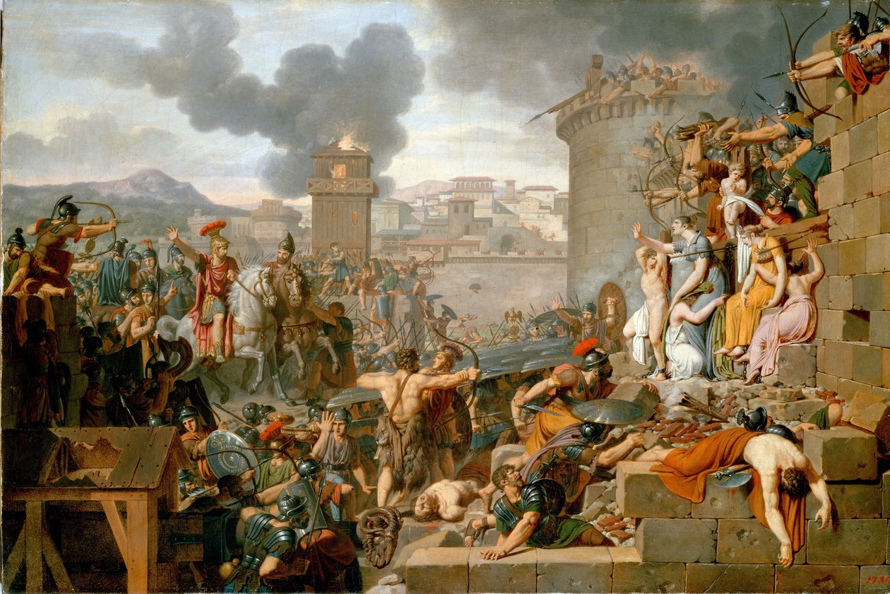 ""Metellus Raising the Siege" (Metellus Raising the Siege) Under beleiringen av byen Centobrica arresterer Quintus Caecilius Metellus Macedonicus soldatene sine når innbyggerne utsetter barna til Rhetogene for å angripe ham. Malt av Armand Charles Caraffe