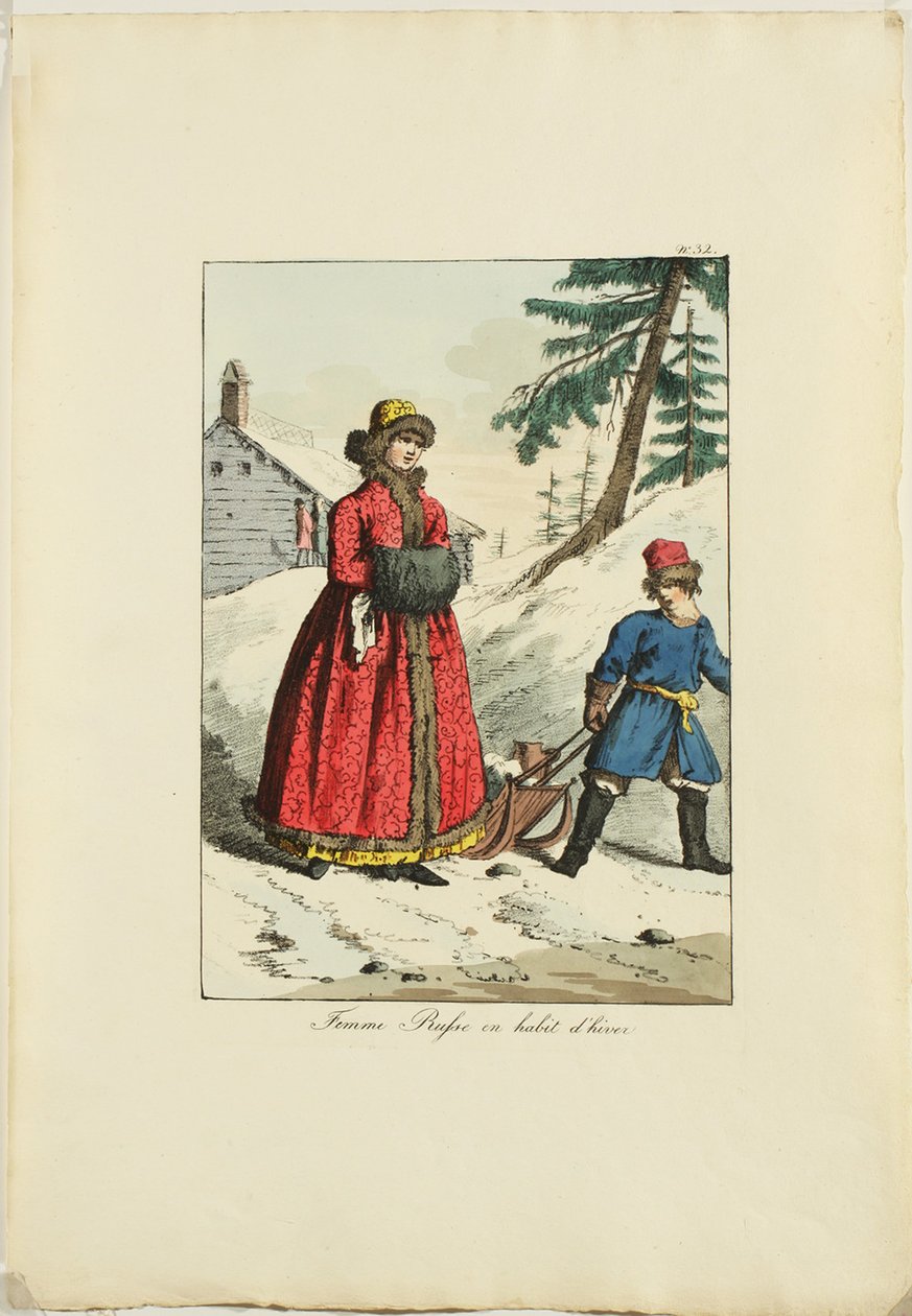 Russiske vinterklær fra Moeurs et Costumes des Russes, 1817 av Armand Gustave Haubigant