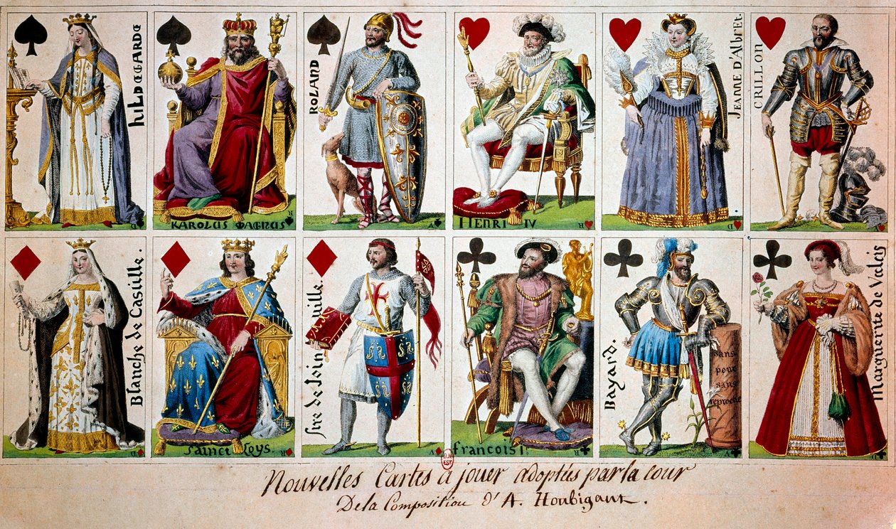 Franske historiske skikkelser fra Karl den Store til Henri IV. Fra venstre til høyre og fra topp til bunn: Hildegarde av Vintzgau (757-783), kone til Karl den Store; Karl den Store (Karl I kjent som Karl den store 742-814); Ridder Roland (eller Hroudland), av Armand Gustave Houbigant
