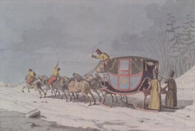 Hest og vogn på sleder fra `Russernes skikker og vaner