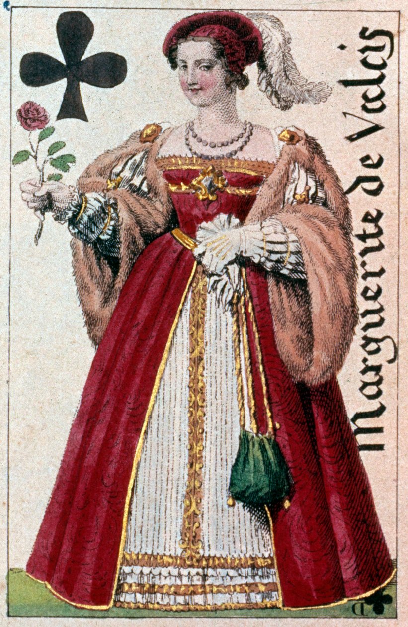 Representasjon av Marguerite de Valois (1553 - 1615) kjent som dronning Margot. Detalj av et spillekort laget av Gustave Houbigant (1789-1862) 1800-tallets Paris B.N. av Armand Gustave Houbigant